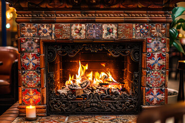 Fireplace made of ceramic bricks with beautiful color antique relief tiles with old beautiful wrought-iron lattice. Fire is burning. Gentle flames dance over flickering coals without emitting smoke.