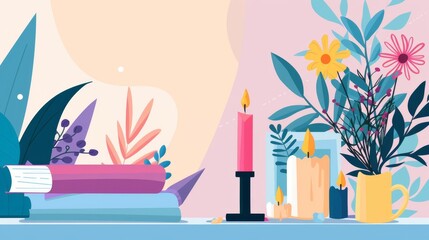 Obraz premium Illustrate a serene Mothers Day scene with a bouquet, candles, and a heartwarming card against a soft-focus background