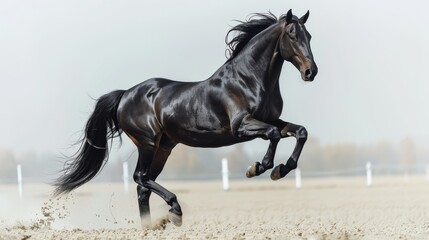 Obraz premium A Graceful Black Stallion Captured Mid-Stride in a Serene Open Field Setting.