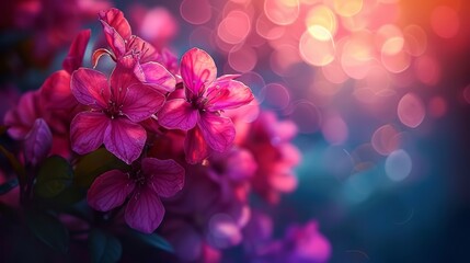  A close-up of numerous flowers with softly blurred lights in the background, and a blurred...