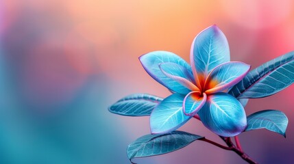 A tight shot of a blue bloom against a backdrop of pink, blue, and purple Green foliage surrounds it Blurred light glows in image's heart