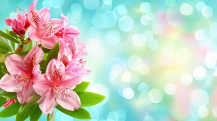 A bouquet of pink flowers atop a blue-green backdrop Lightly blurred bokeh from above, emanating from the flowers