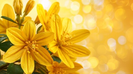  A bunch of yellow flowers atop a green, leafy plant Background features bright yellow bokeh of light