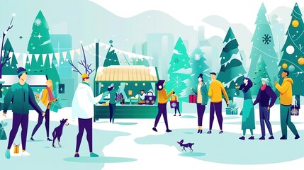 Naklejka premium Produce a panoramic view of a festive Christmas market, bustling with celebration Include spacious copy space to showcase vivid holiday background