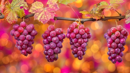  A tree branch displaying a cluster of grapes against a blurred backdrop of leaves and another branch Red grapes are distinctly visible dangling from the foreground branch