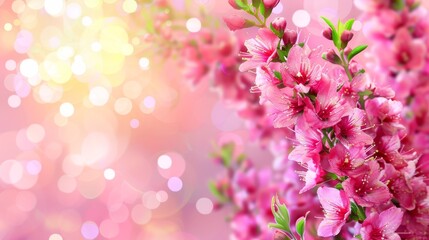  A tight shot of numerous pink blossoms against a pink-and-white backdrop Background blur with soft, glowing light originating from behind the flowers