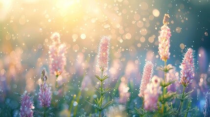  A field brimming with numerous pink blooms atop a verdant grass expanse, speckled with dewdrops and kissed by the sun's rays above