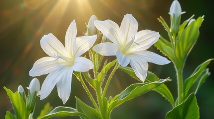  A white flower cluster rests atop a green, leafy plant Sunlight filters through the leaves behind the blooms