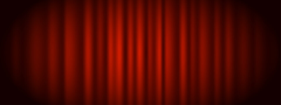 Red curtain. Closed red theater or cinema curtain on stage. Theatrical drapes. Vector illustration 