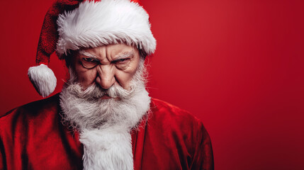 Grumpy Santa Claus with white beard and red hat against red background. Intense expression showing frustration or displeasure