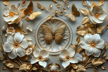 3 panel wall art, a collection of white golden circle-shaped works of art, each featuring intricate patterns of flowers, leaves and butterflies,