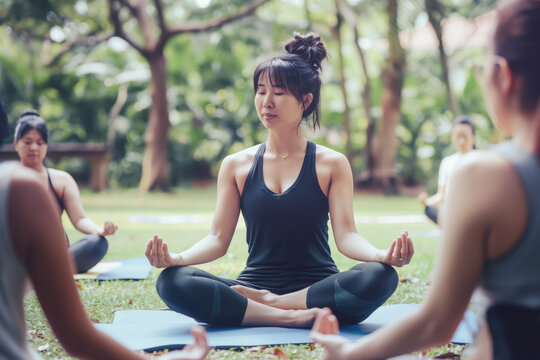 Yoga instructor leading outdoor class in park surrounded by trees. Calm and focused atmosphere promoting relaxation and mindfulness