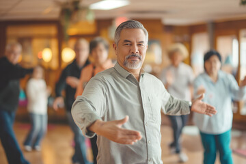 Tai chi instructor leading group of seniors in indoor class. Calm and focused environment promoting health and mindfulness through gentle exercise