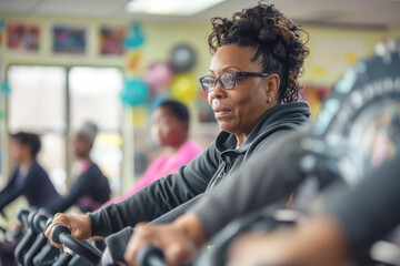 Focused fitness instructor leading indoor cycling class with participants. Energetic and motivational atmosphere promoting health and fitness