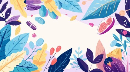 Create a high-angle view illustration of various plant-based proteins in a flat, modern style with ample copy space