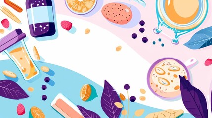 Produce a visually pleasing flat illustration depicting a variety of plant-based proteins from a high angle, ensuring space for text
