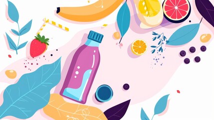 Deliver a visually dynamic flat illustration of a top-down perspective of green smoothies