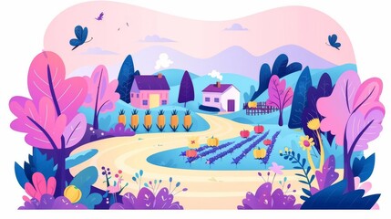 Create a whimsical illustration of a lush organic farm from a tilted angle