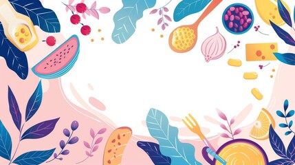 Produce a visually pleasing flat illustration depicting a variety of plant-based proteins from a high angle, ensuring space for text