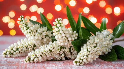  White flowers in a cluster sit atop a table Behind, a red-and-white striped wall holds lights in its recesses