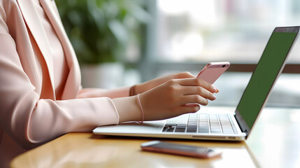 A Businesswoman Holding a Mobile Phone and Using a Laptop Sitting in a Coffee Shop, High-angle View of a Closeup Photo of a Cafe, Businesswoman's Desk