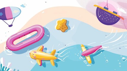 Craft a visually striking composition capturing an aerial view of inflatable toys sprinkled across calm waters Let the pastel background enhance the whimsical elements of the toys,