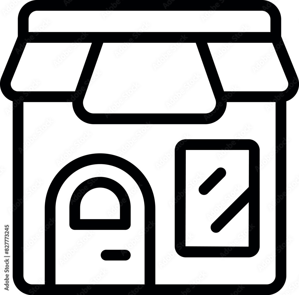 Poster black outline vector icon depicting a simple store building, suitable for web and app design