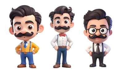 set of 3d man cartoon character with mustache isolated on transparent background, PNG file add