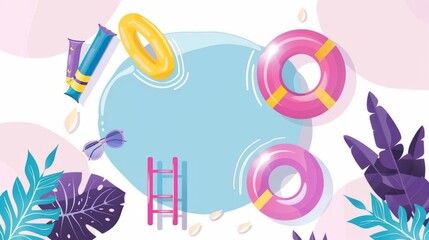 Create a mesmerizing image of colorful inflatable toys floating in crystal-clear water from a birds-eye view Emphasize the vibrant hues against a serene pastel background, leaving