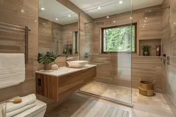 Bathroom with Glass Shower and Wooden Accents Glass shower enclosure, wooden vanity, and minimal accessories. Clean, modern design.