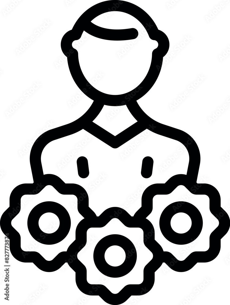 Poster an iconographic illustration representing a person with three gears, symbolizing workflow or product