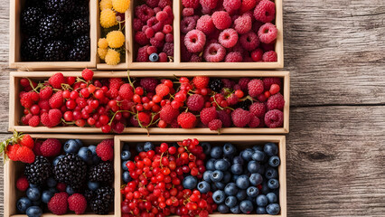 Assorted fresh berries in wooden boxes, closeup, selective focus