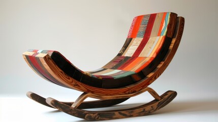 A quirky rocking chair made from upcycled skateboards turning discarded materials into a fun and unique piece of patio furniture. The seat cushion is made from organic cotton adding