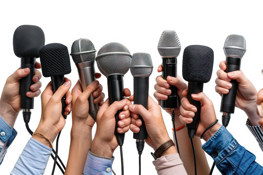 journalist's hand interviewing isolated on transparent background ,many journalists hold mic ,generative ai