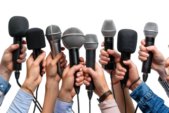 journalist's hand interviewing isolated on transparent background ,many journalists hold mic ,generative ai