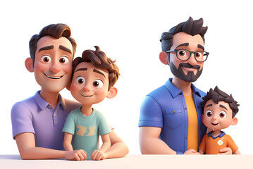 set of 3d father and son cartoon characters isolated on transparent background, PNG file 