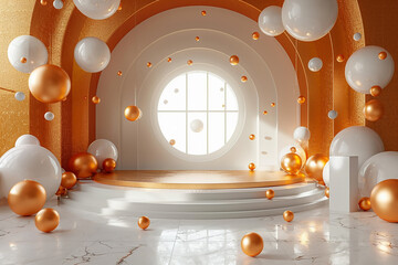 Scene podium with golden balloons. Product presentation, mock up. 