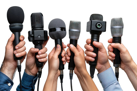 journalist's hand interviewing isolated on transparent background ,many journalists hold mic ,generative ai