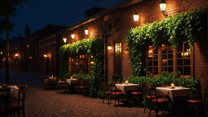 Rustic restaurant, from view of an outside table at night. Luscious green ivy covers the red brick...