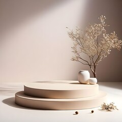 Minimalist Creative Beige Scene with Empty Round Podium with Dry Tree Twigs on White Beach Sand Trendy 3d render is suitable for social media banners, promotional Content, and cosmetic product display