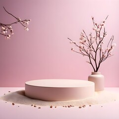 Empty Round Beige Platform Podium with Dry Tree Twigs on Pale Pink Beach Sand Background, Trendy 3d render is suitable for social media banners, promotional Content, and cosmetic product display.