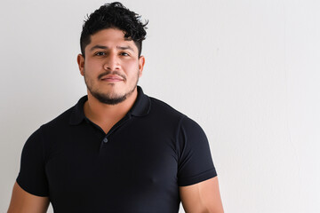 Obraz premium Confident Hispanic Man in Black Polo Shirt with Curly Hair
