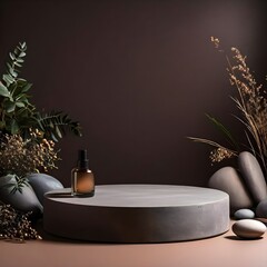 Empty Round Concrete Platform Podium for Cosmetics or Products with Stones and Dry Plants, Trendy 3d render is suitable for social media banners, promotional Content, and cosmetic product display.