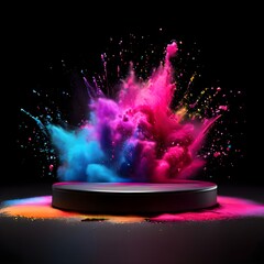 Empty Round Black Podium Platform Mockup for Cosmetics Presentation with Colored Powder Explosion Trendy 3d render is suitable for social media banner, promotional Content and cosmetic product display
