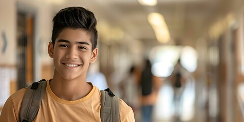 Fototapeta premium Diligent Hispanic Teenager Smiling in School Corridor Embodies Commitment to Learning and Self-Improvement. Concept Teenager, Hispanic, School, Learning, Self-Improvement