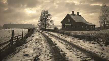 Vintage style countryside with a rustic road and an old farmhouse, sepia tones, and a nostalgic atmosphere, Vintage, Photography 8K , high-resolution, ultra HD,up32K HD