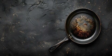Illustration of a clean frying pan on a dark textured concrete surface. Concept Kitchenware, Cooking Utensils, Food Prep, Home Cook, Food Photography