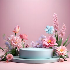Empty Round Platform Podium for Advertising Products Surrounded by a Surreal Fantasy of Spring, Trendy 3d render is suitable for social media banners, promotional Content, and cosmetic product display