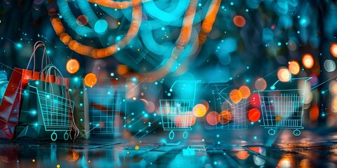 The Bokeh Bags and Digital Shopping Symbols in the Vibrant Retail Scene. Concept Retail Scene, Bokeh Bags, Digital Shopping Symbols, Vibrant Colors