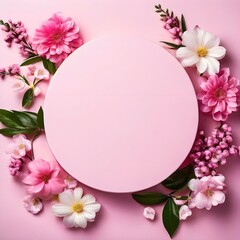 Empty Round Platform Podium for Surrounded by Spring Summer Flowers on a Pastel Backdrop. Trendy 3d render is suitable for social media banners, promotional Content, and cosmetic product display.